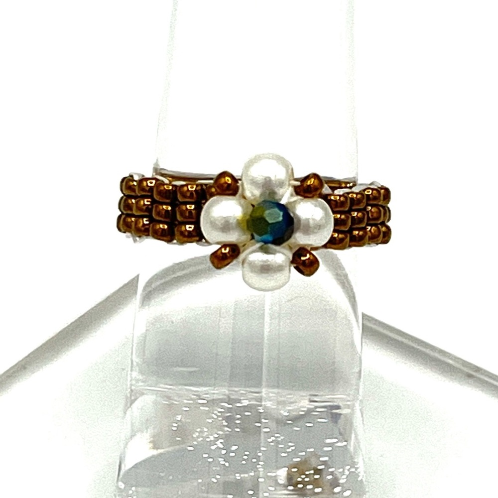 HAND CRAFTED Bronze Beaded Pearl Ring